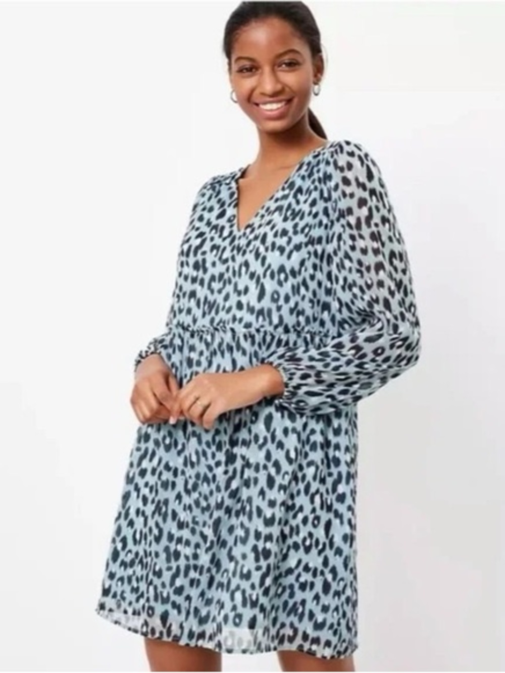 NWT LOFT Light Blue and Black Leopard Print V-Neck Mini Swing Dress